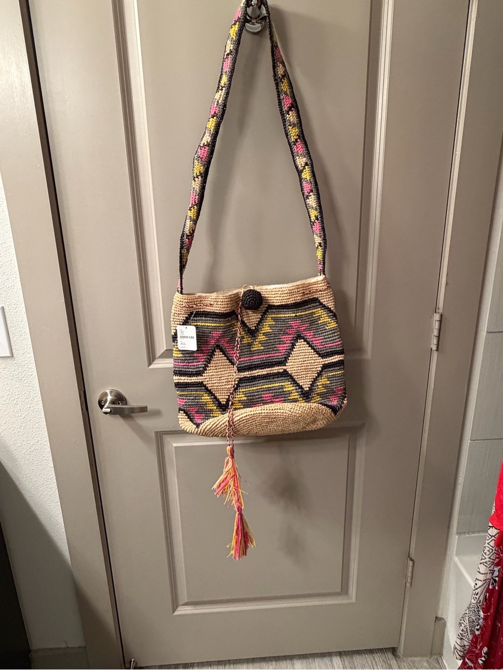 Free People Woven Crossbody Bag in Natural with Pink & Yellow Accents